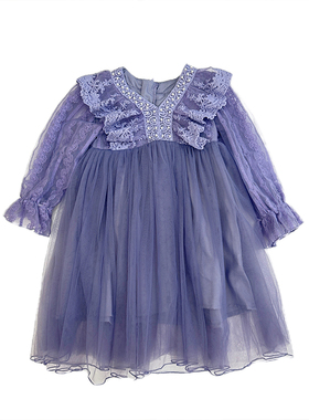 女童洋装春秋季202p3新款女孩紫色F公主裙洋派儿童超仙长袖蕾丝裙