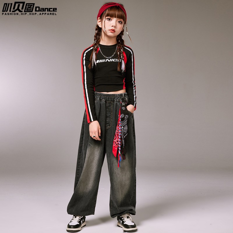女童爵士舞小学生运动m会服装嘻哈舞蹈练功hHiphop儿童街舞潮服套