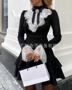 Black lace dress欧美蕾丝花边拼接长袖收腰A字小黑裙淑女连衣裙