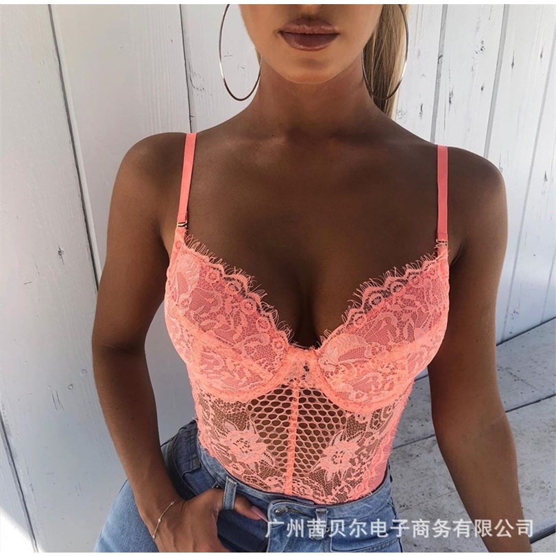 2020欧美新款粉色蕾丝镂空吊带连体上衣打底衫Pink lace Jumpsuit