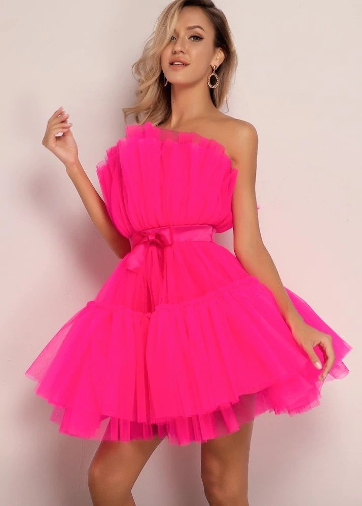 欧美抹胸网纱气质蝴蝶结蓬蓬裙礼服女Women party evening dress