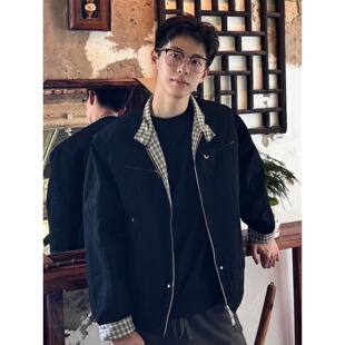 大码千鸟格假两件哈灵顿夹克男款春秋cleanfit高级感立领工装外套