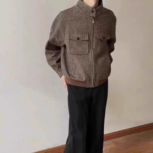 大码威尔士亲王千鸟格哈灵顿羊毛混纺夹克男春秋cleanfit宽松外套
