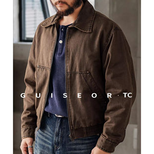 大码巴安油蜡皮洗褪翻领夹克外套男士美式工装春秋新款宽松上衣男