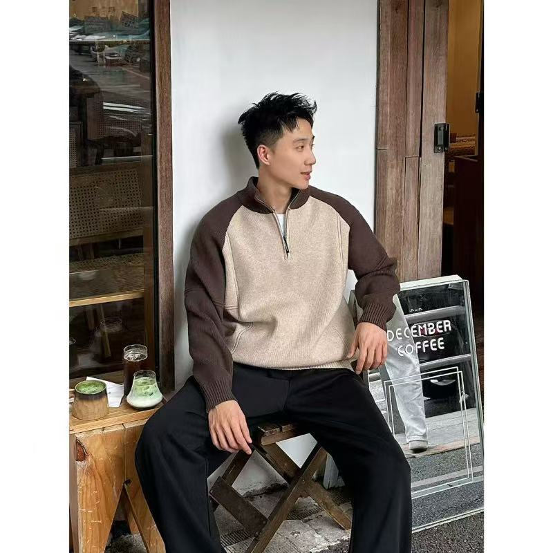 大码拼色插肩袖复古拼接撞色半高领秋冬新款拉链针织衫加厚毛衣男