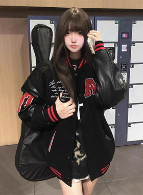 大码美式复古AC字母植绒刺绣棒球服外套男女款高街情侣飞行员夹克