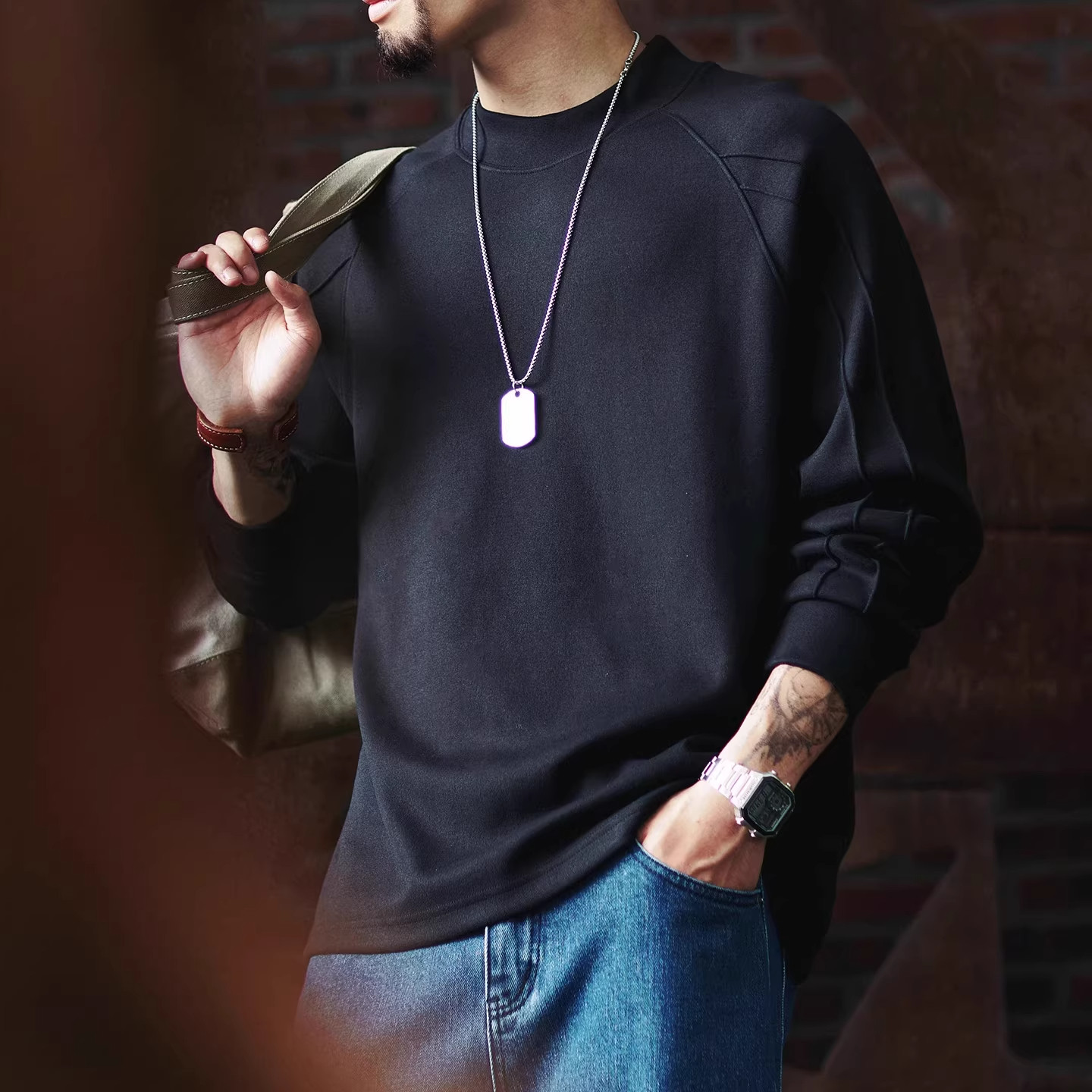 大码秋冬重磅保暖插肩长袖T恤男