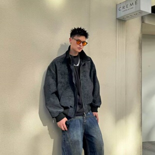 大码美式复古PU皮立领棉服外套男女秋冬保暖百搭短板棉衣宽松夹克