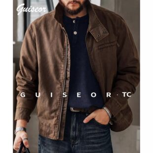 大码春秋新款硬汉复古巴安油蜡皮洗褪夹克男士美式工装宽松外套男