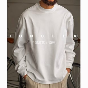 春秋冬宽松重磅纯棉百搭打底衫 T恤男士 上衣 300斤圆领复古长袖 大码