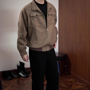 大码威尔士亲王千鸟格哈灵顿羊毛混纺夹克宽松立体剪裁外套男女款