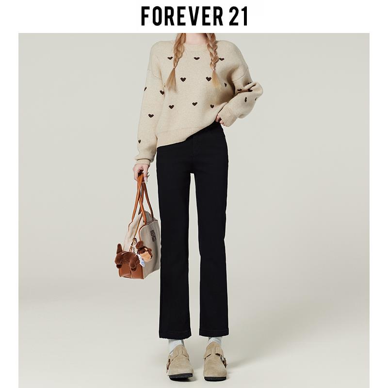 Forever 21美式黑色九分直筒牛仔裤女冬季加绒高腰修身窄版烟管裤