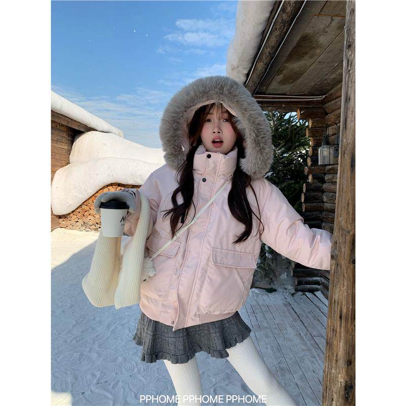 PPHOME自制~甜粉派克 宽松大毛领连帽铺棉外套外套冬季保暖百搭棉