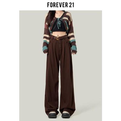 Forever 21咖色阔腿牛仔裤女春季垂感显瘦宽松棕色休闲直筒拖地裤