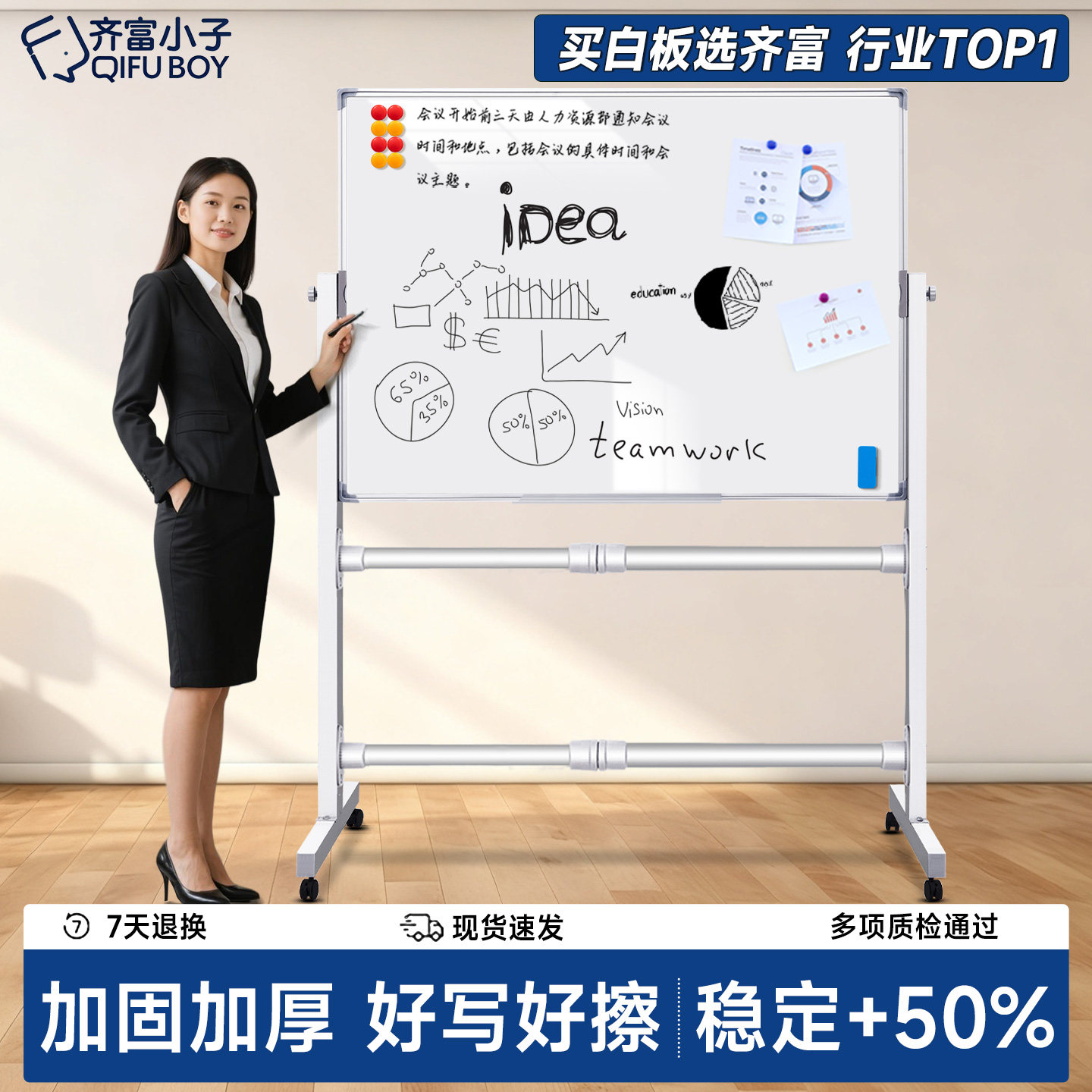 白板写字板支架式移动小黑板商用办公儿童家用教学画板双面磁性看板可擦写车间生产立式展示板定制告示板会议