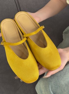 悦薇正品旗舰高品质女鞋3厘米低跟绒面休闲博肯鞋脚蹬踩拖平底鞋