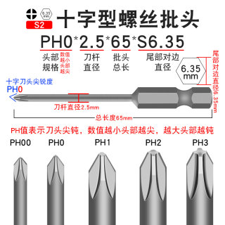 少威单头十字批头风批十字型强磁电动螺丝刀批头PH0-2.5-65-S6.35