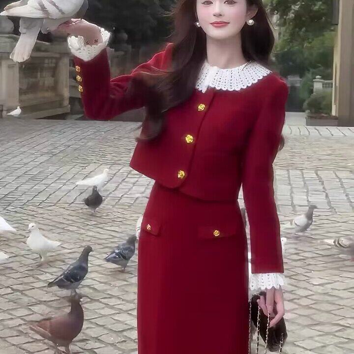 富家千金感穿搭套装红色短款外套高腰a字半裙气质名媛高端两件套