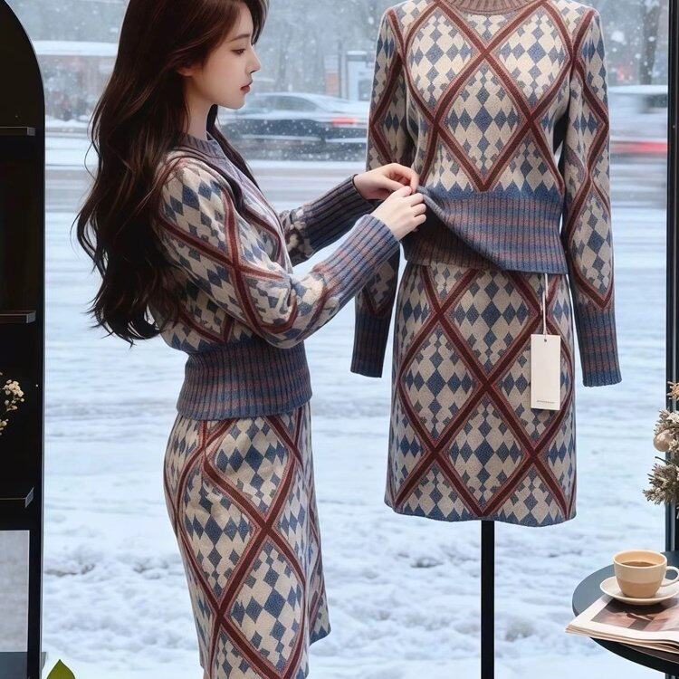 小个子穿搭一整套装2025新款辣妹格纹软糯针织衫毛衣半身裙两件套