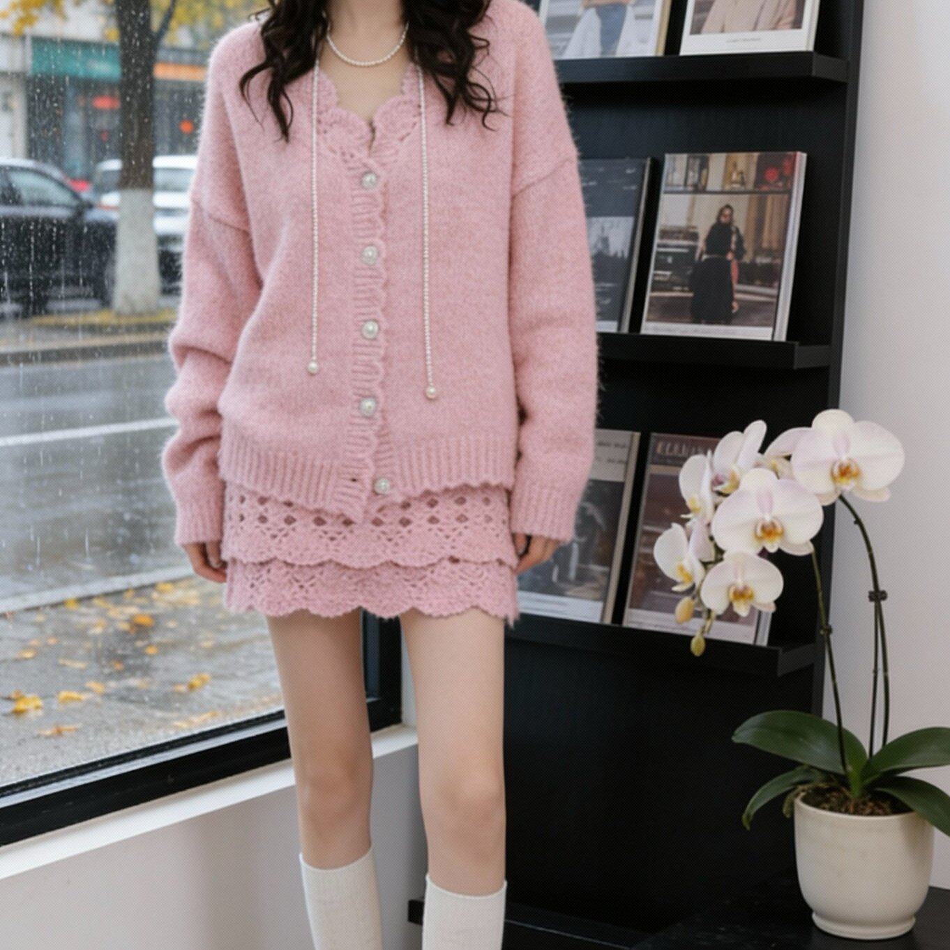 秋季温柔系穿搭女2025新款韩版甜美减龄针织开衫显瘦短裙两件套装