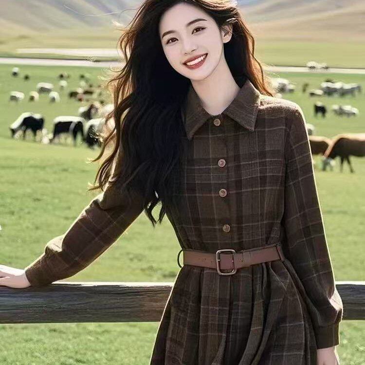 秋冬气质美拉德穿搭漂亮独特高级感配大衣加厚咖色内搭连衣裙子女