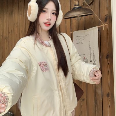 大码女装胖mm名族提花刺绣拼接加厚夹棉情侣棒球服棉服外套