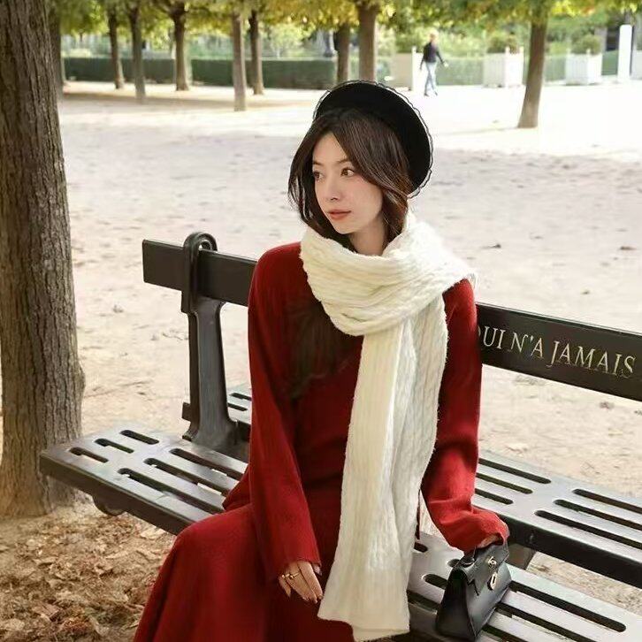 圣诞新年穿搭韩系复古v领红色套装女秋冬巨好看一整套长裙