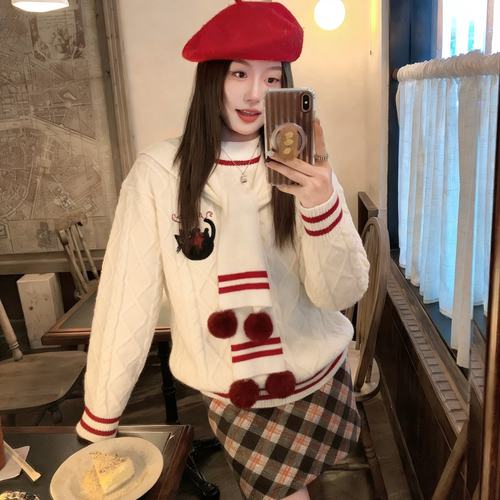 cuwu小黑猫刺绣圣诞红色新年毛衣女秋冬宽松显瘦围巾加厚针织上衣