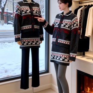 毛衣短裙两件套装 秋冬装 搭配一整套女复古软糯费尔岛慵懒风针织衫