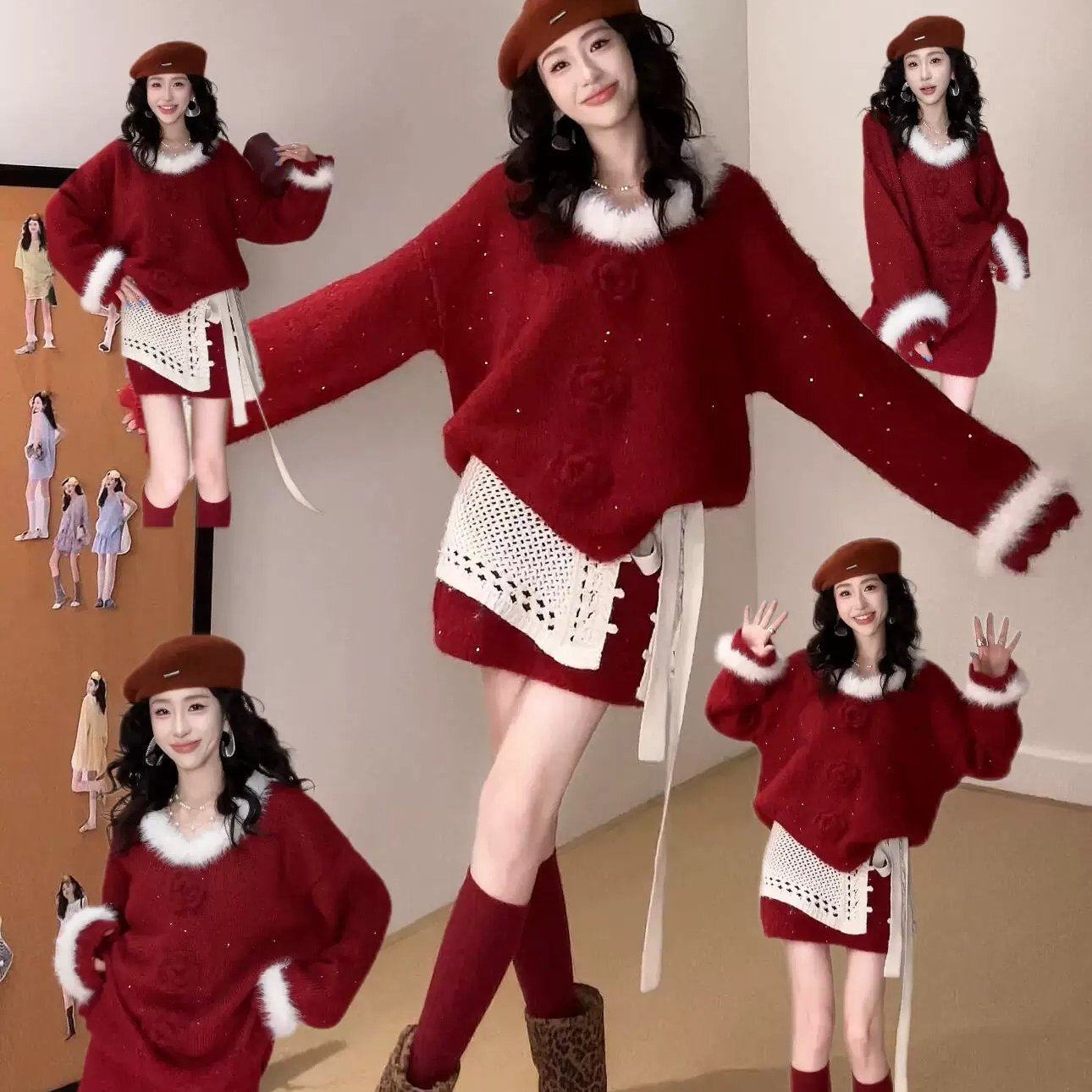 韩系秋冬穿搭套装慵懒风立体花朵毛领针织毛衣高腰半身裙两件套女