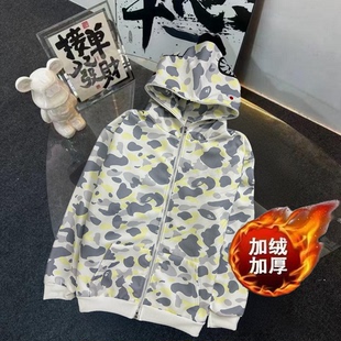 加绒鲨鱼单帽卫衣刺绣迷彩外套男女情侣连帽开衫 卫衣 卫衣秋冬长袖