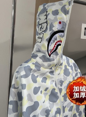 秋冬季加绒迷彩刺绣连帽白色鲨鱼卫衣单帽男女同款设计感外套ins