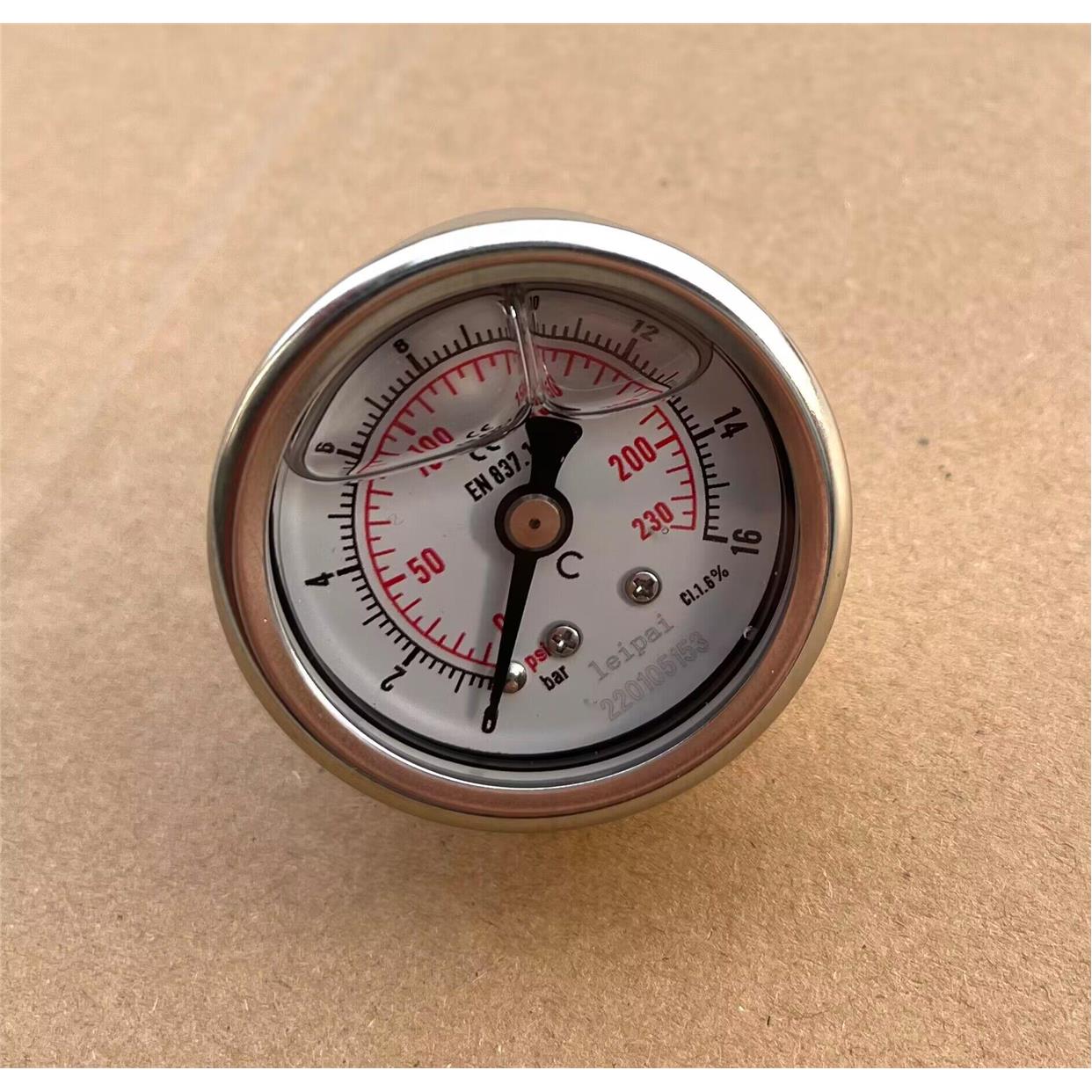 轴向耐震压力表 直径41mm 压力0-16bar 230psi 16bar=1.6mpa=16kg