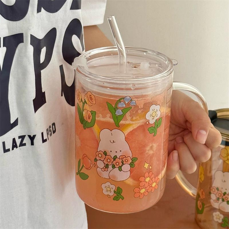 精致好看的耐高温韩风ins高颜值少女带盖1000ml大容量杯子玻璃杯