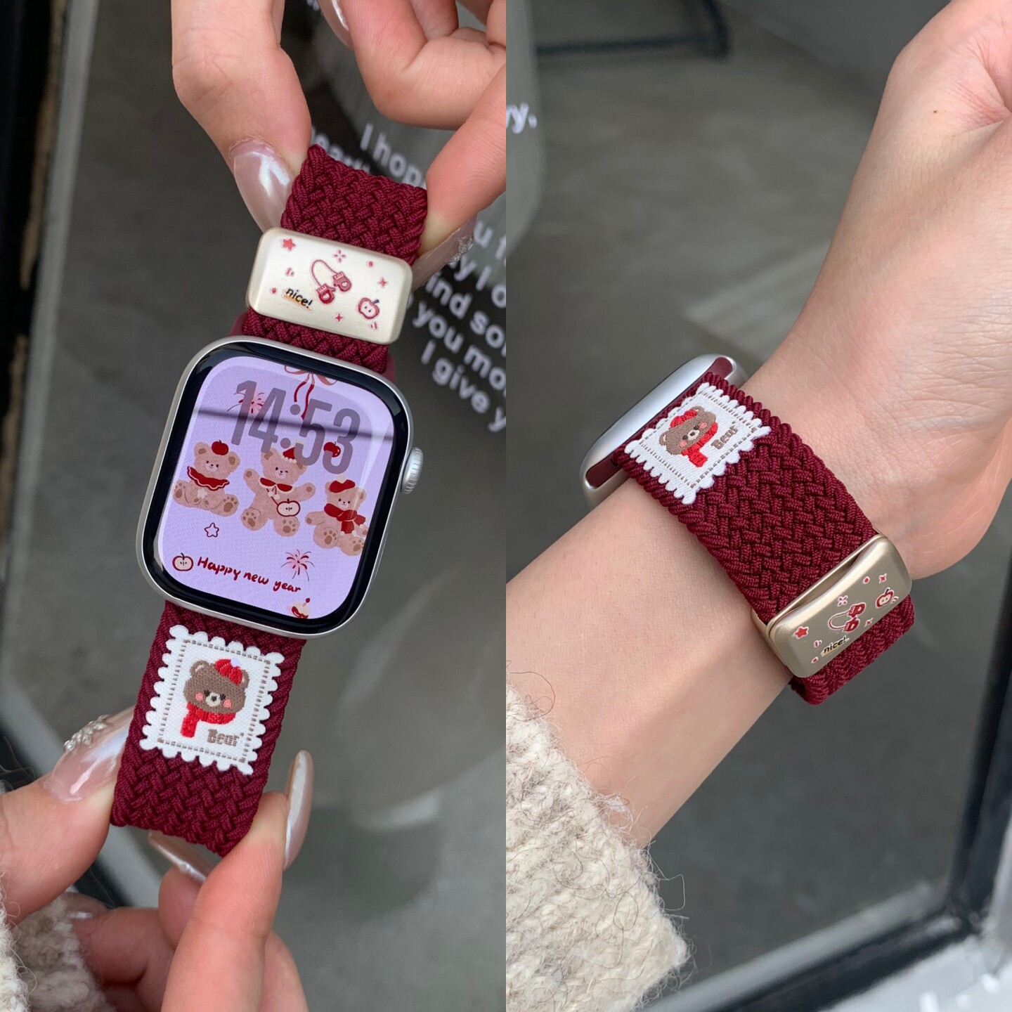 红色围巾小熊适用苹果S11手表iwatch11表带applewatch10编织尼龙回环腕带S10运动s9高级感se3女款s8新款ultra