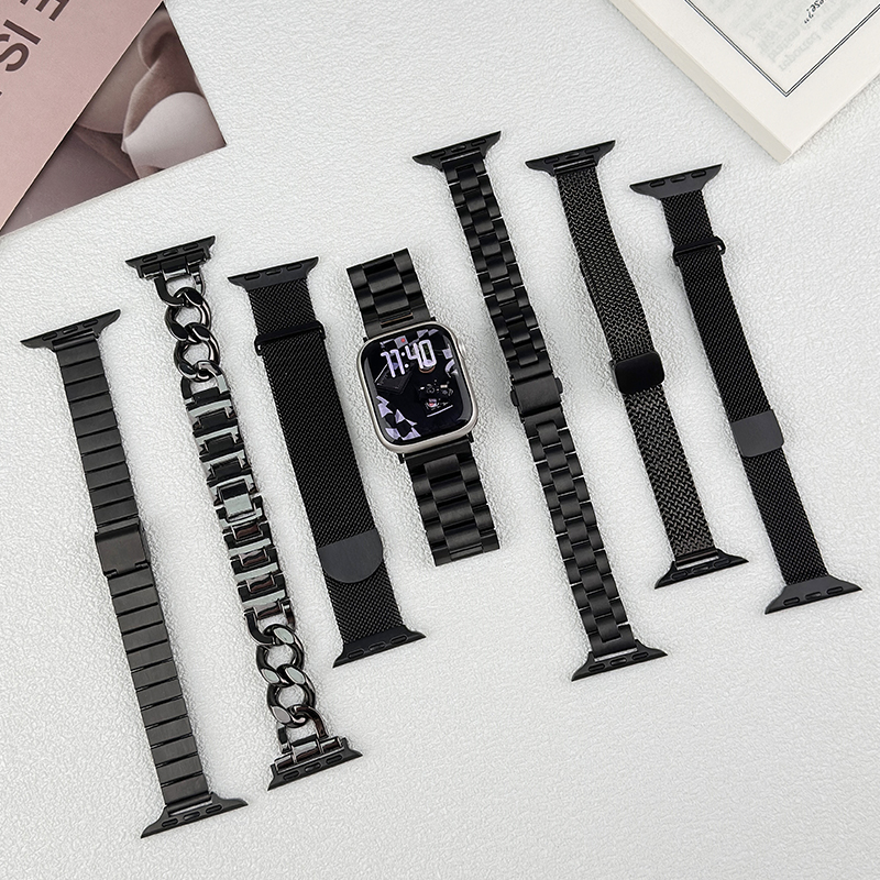 亮黑色系列适用iwatch表带S10金属applewatch10苹果手表米兰尼斯新款磁吸s9男ultra腕带S8小众SE女款6789夏天