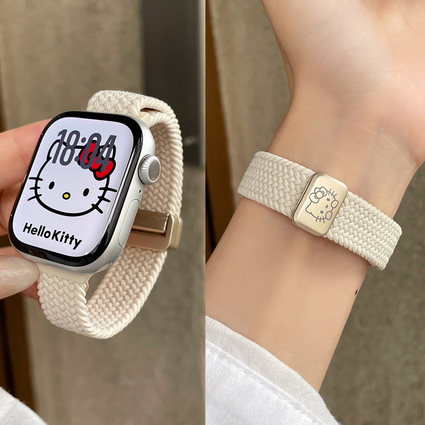 适用iwatch11表带iwatch10细款小蛮腰表带applewatch9KT猫编织磁吸扣替换带ultra2/3运动男女款s8/7透气夏季