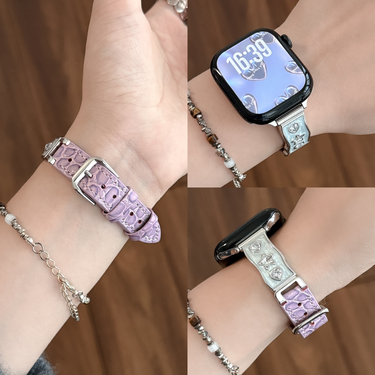 适用苹果手表表带镶钻拼鳄鱼纹皮