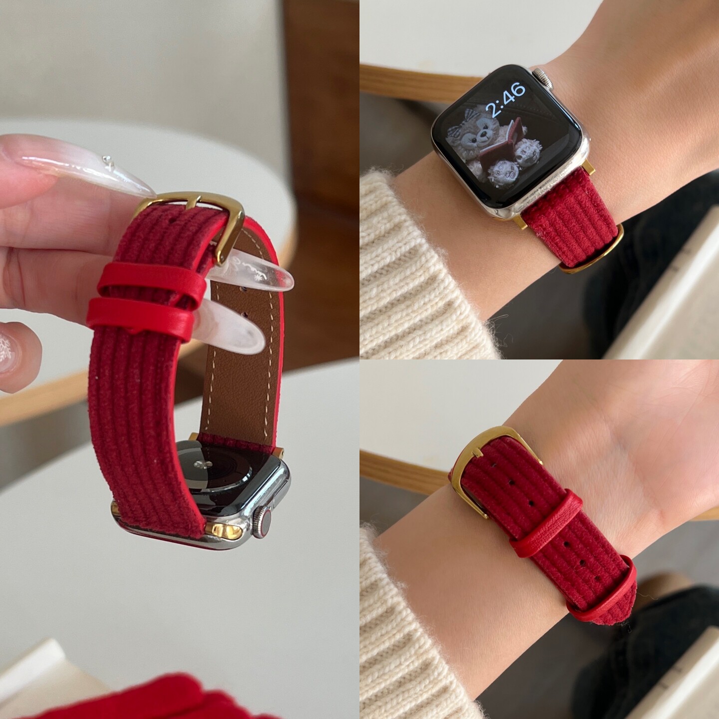 华夫格绒适用苹果手表iwatch11皮质表带S11女款applewatch10新款S10运动s9高级se3女生s8小众s7腕带新年红色