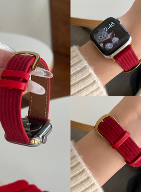 华夫格绒适用苹果手表iwatch11皮质表带S11女款applewatch10新款S10运动s9高级se3女生s8小众s7腕带新年红色