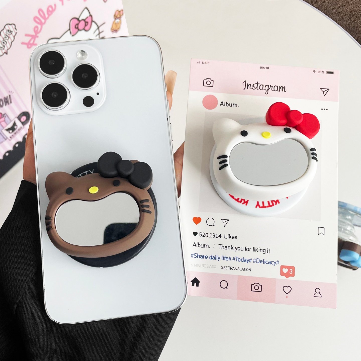 kt猫镜子手机磁吸支架强力吸附MagSafe伸缩气囊补妆镜背贴高清镜面高级桌面追剧底座架便携创意直播支撑架