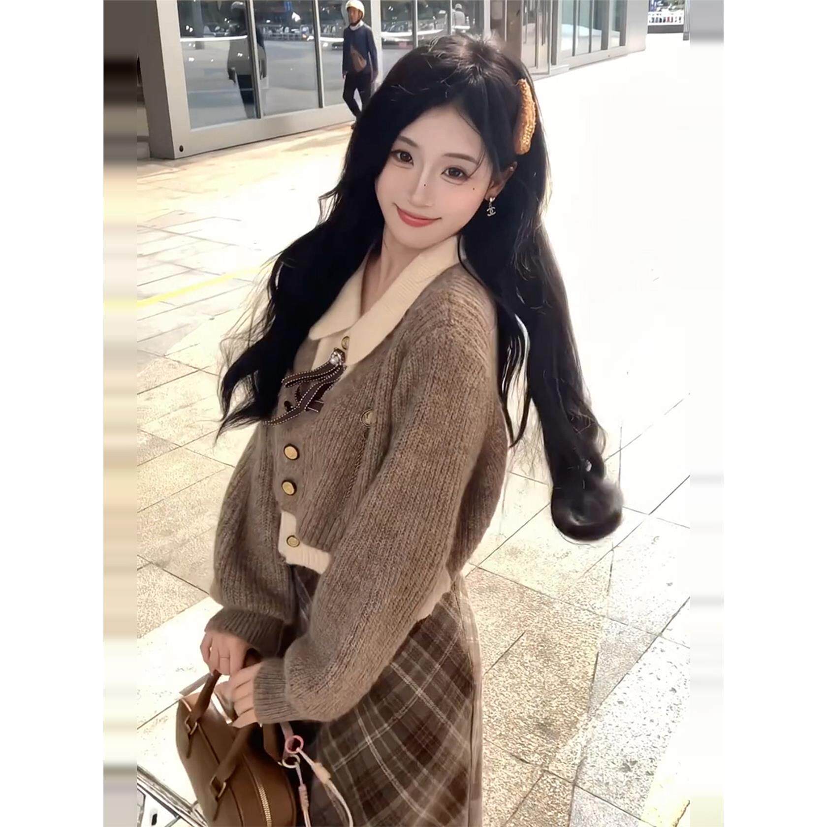 韩系小个子香风穿搭学院风针织毛衣套装2025新款早秋季连衣裙子女