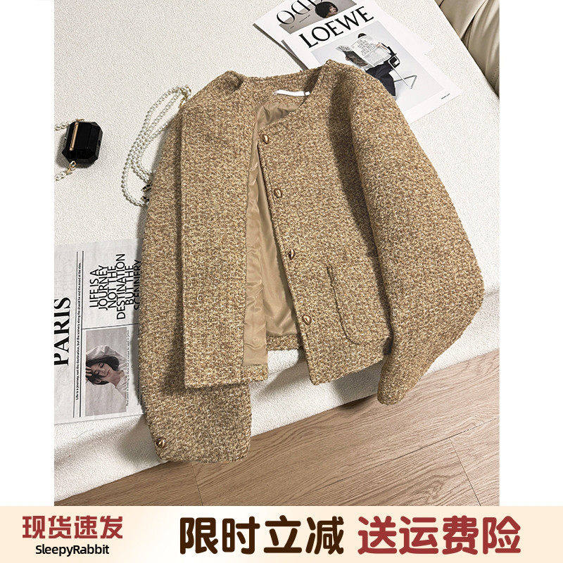 韩系春秋新款卡其色小香风短外套女时尚夹棉气质小个子高级感上衣