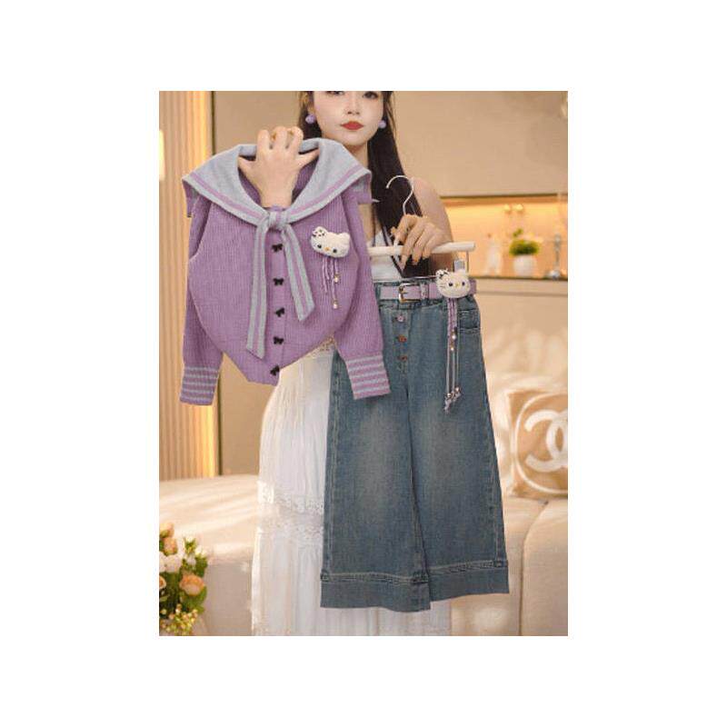 女童毛衣针织开衫牛仔裤套装2025秋季新款百搭长袖上衣外套两件套