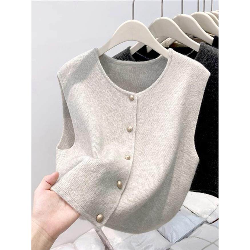 早秋开襟羊毛衫女士针织外背心2025新风格分层宽松和放松苗条看上