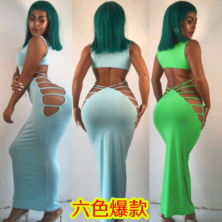 2019欧美捆绑风裸背性感弹力紧身夜店酒吧时尚礼服洋装长款连衣裙