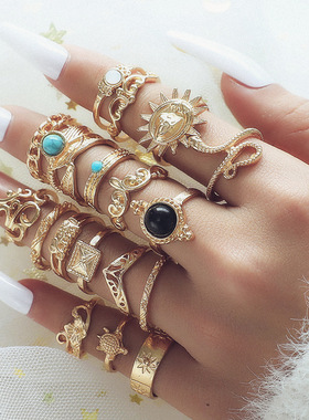 Cross-border turquoise serpentine ring set women's jewelry潮