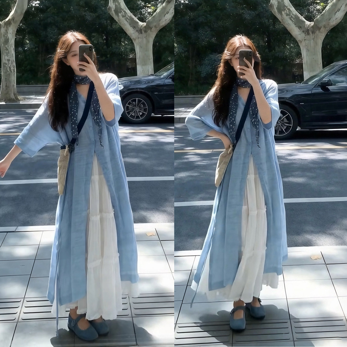 夏装搭配一整套2026韩系穿搭蓝色宽松减龄衬衫裙叠穿半身裙两件套