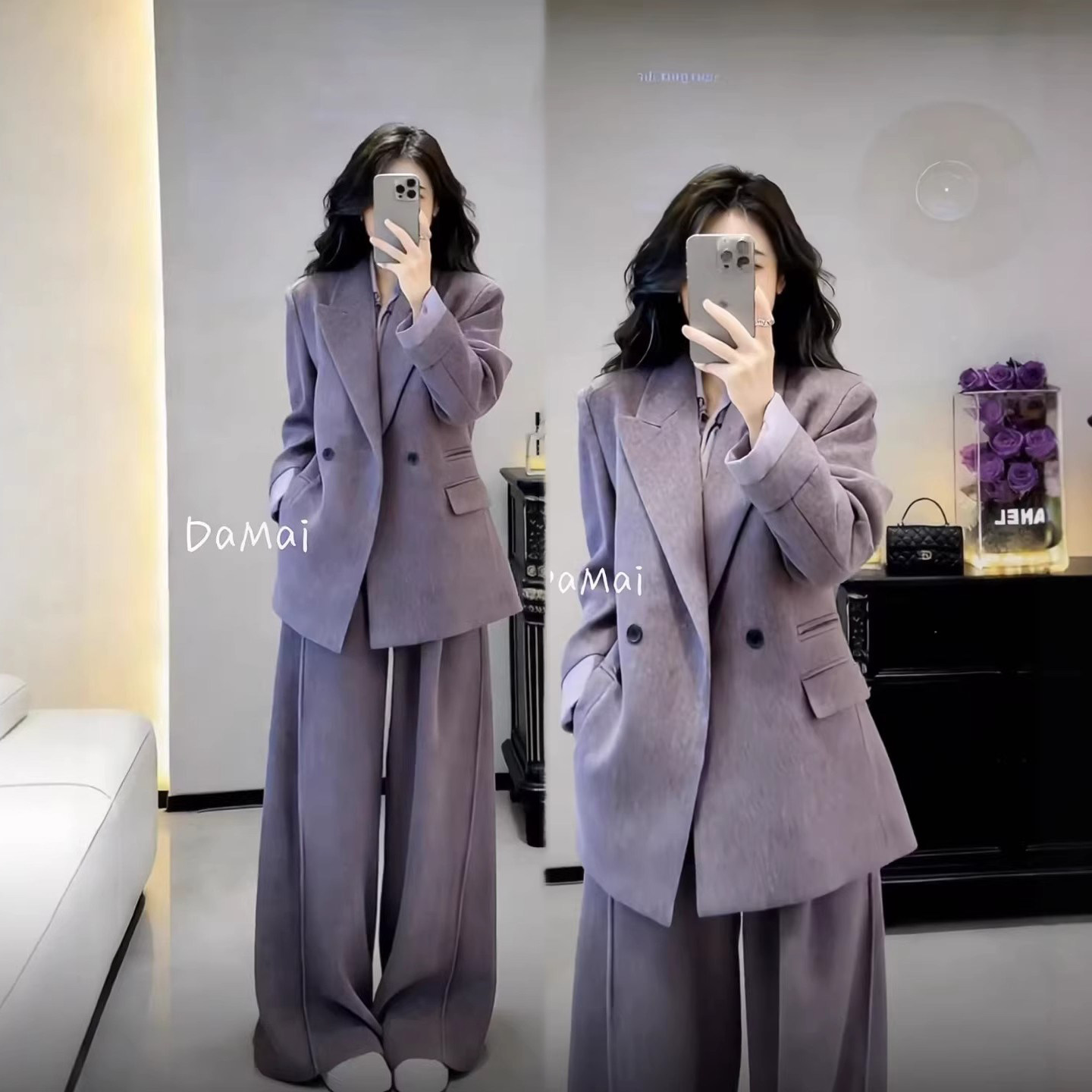 秋冬装搭配一整套高级感紫色西装毛呢外套阔腿裤韩系冷淡两件套女,女装/女士精品,大码套装,淘宝优惠券,粉丝福利购,淘宝优惠卷