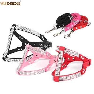 Pink/Black/Red Puppy Dog Harness Leash Set Rhinestone Pet Ca